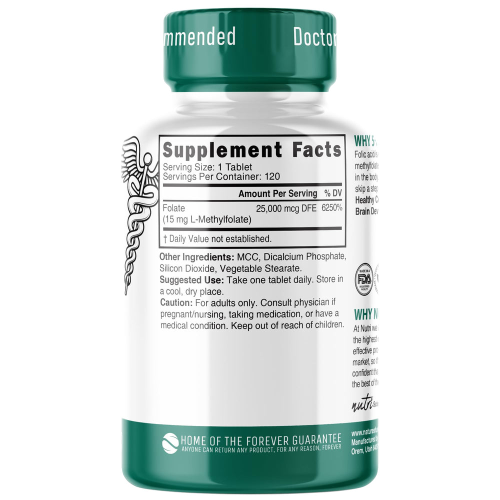 Close-up of Nutri 5-MTHF tablets showing vegan formula.