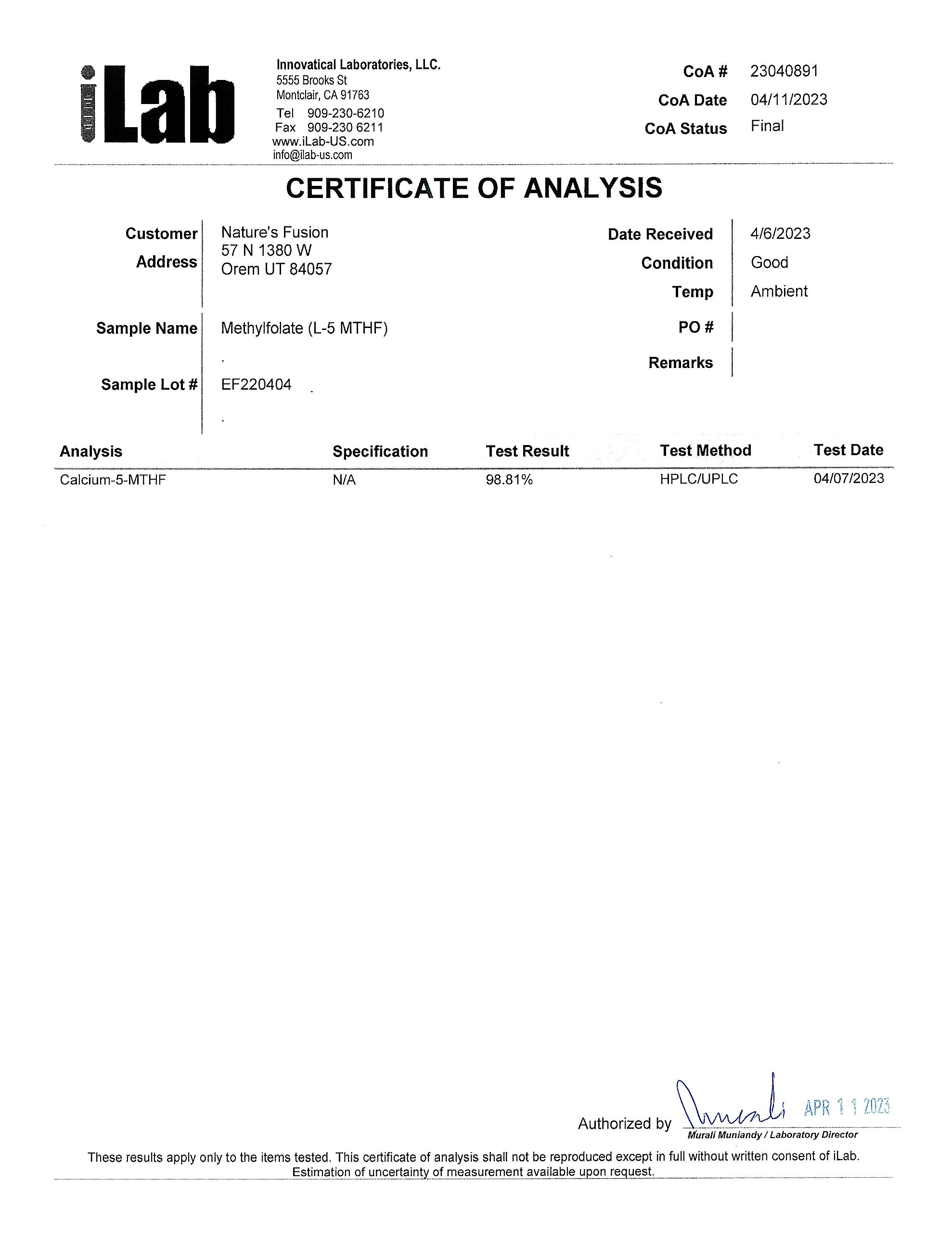 USA facility seal and third-party testing assurance for Nutri 5-MTHF.