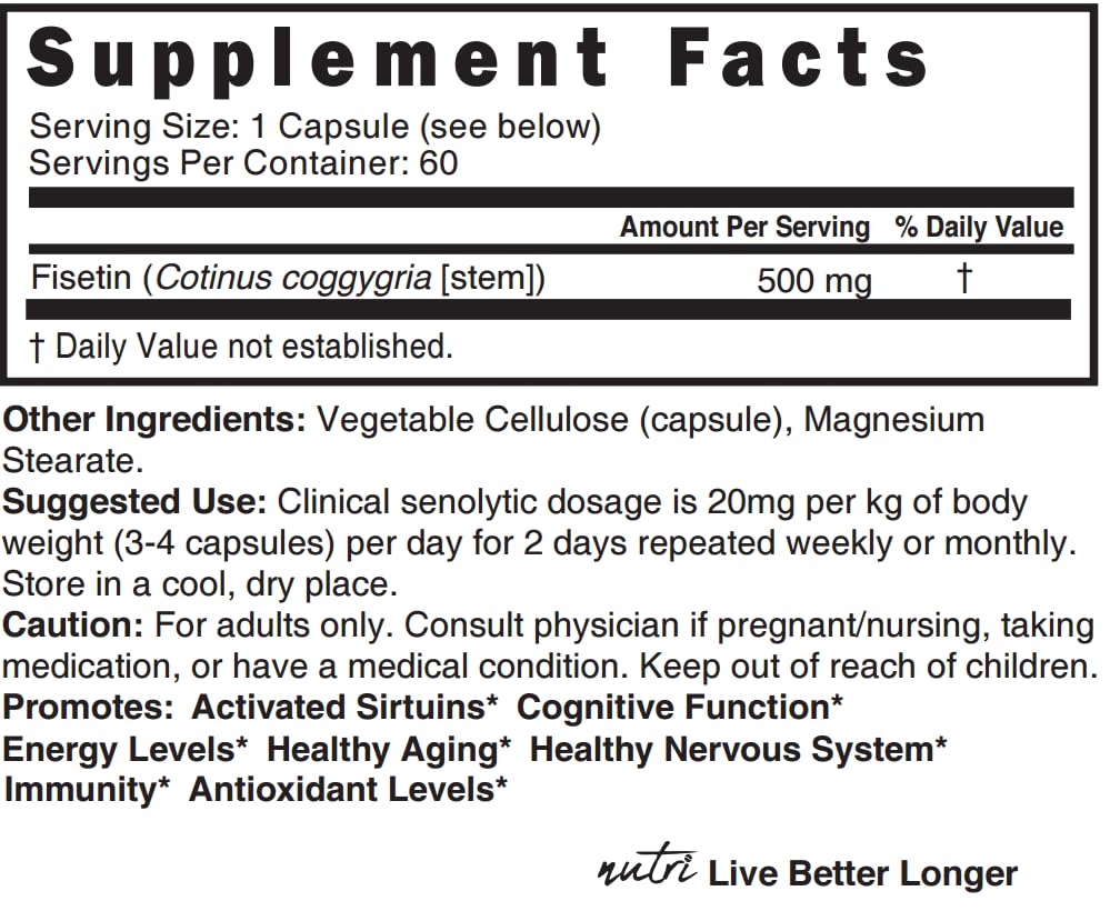 Nature's Fusions Nutri Fisetin 500mg label close-up for ingredient transparency.