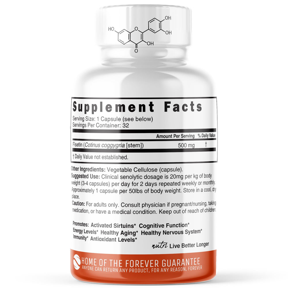 Nutri Fisetin 500mg capsules on white background highlight antioxidant support.