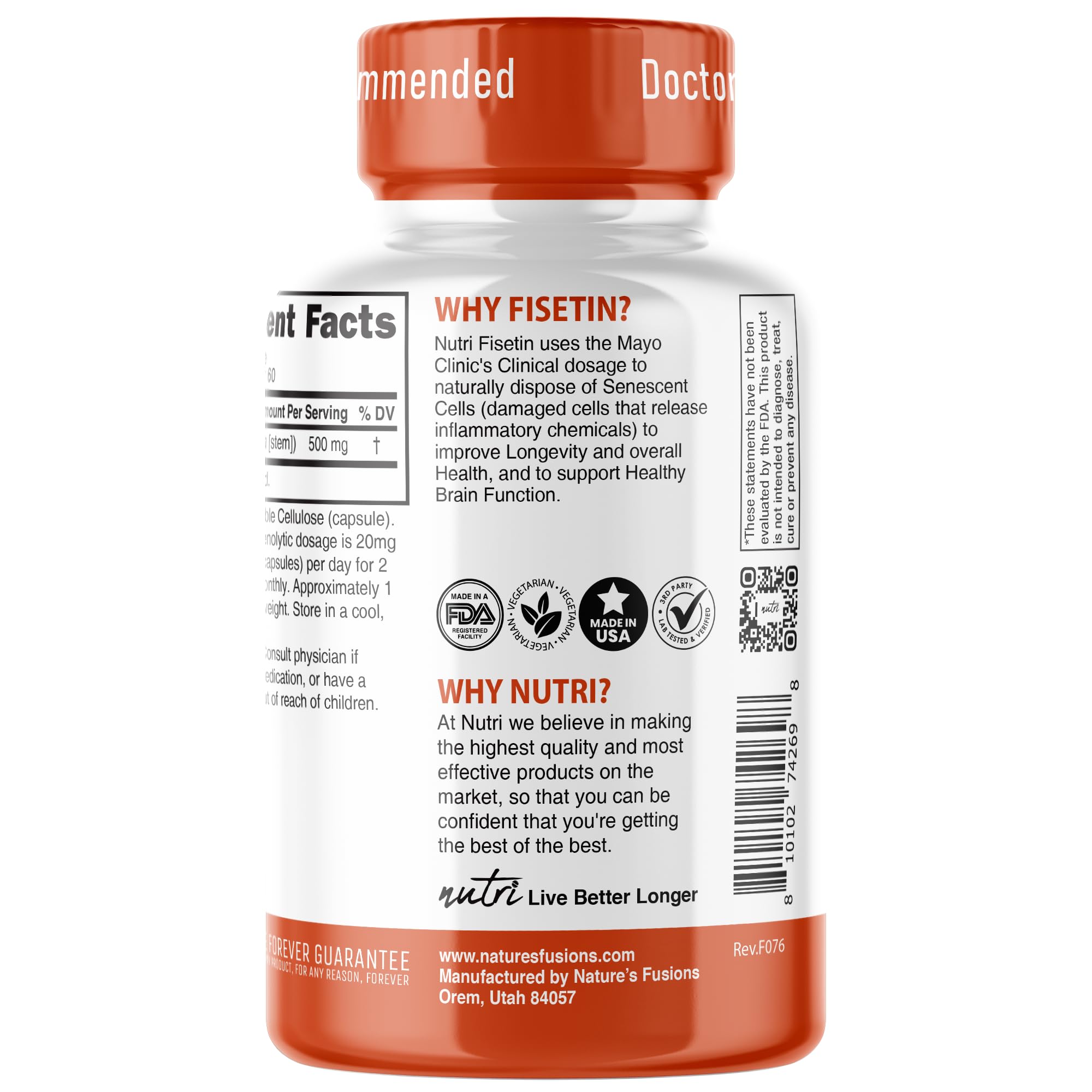 Nature's Fusions Nutri Fisetin 500mg capsules beside a dosing schedule for consistent use.
