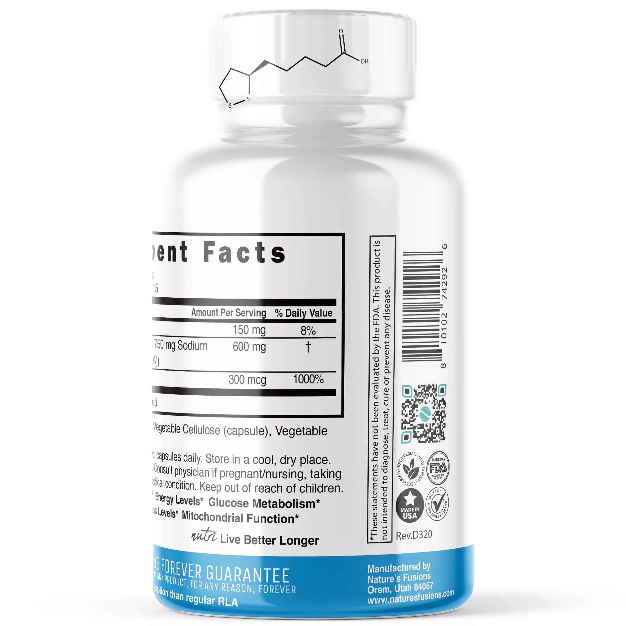 Nature's Fusions Nutri R Alpha Lipoic Acid label panel emphasizes Biotin and antioxidant support.