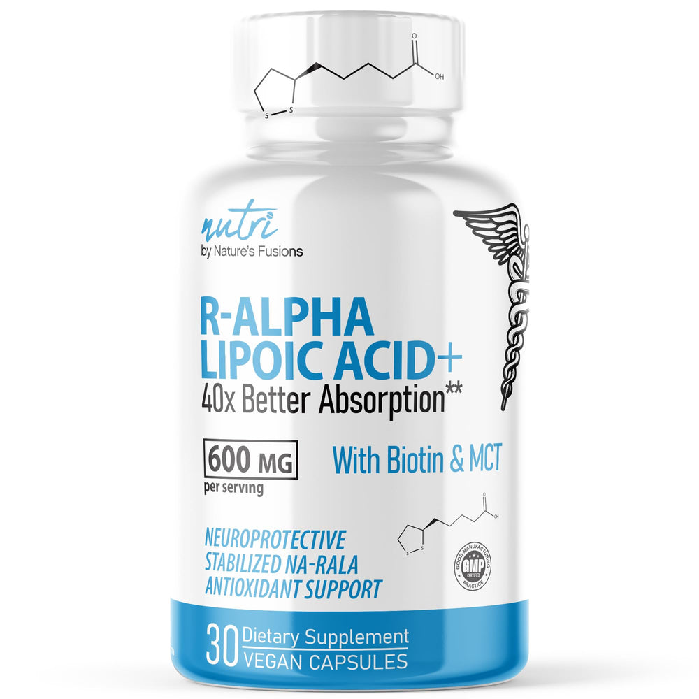Nature's Fusions Nutri R Alpha Lipoic Acid bottle front label shows 600 mg dose for energy support.