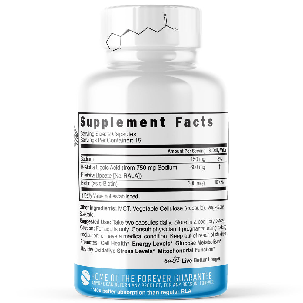 Nature's Fusions Nutri R Alpha Lipoic Acid capsules close-up shows 600 mg dose and vegan capsules.