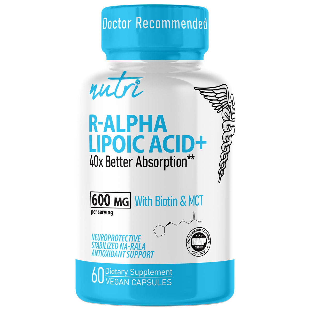 Nature's Fusions Nutri RALA bottle with 600mg R-ALA capsules for daily cellular energy