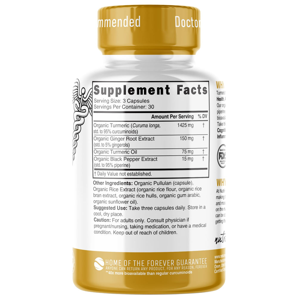 Nature's Fusions Nutri Turmeric capsules close-up highlighting organic ingredients