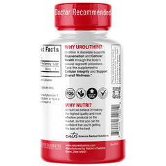 Nature's Fusions Nutri Urolithin A 500 mg capsules label highlighting potency