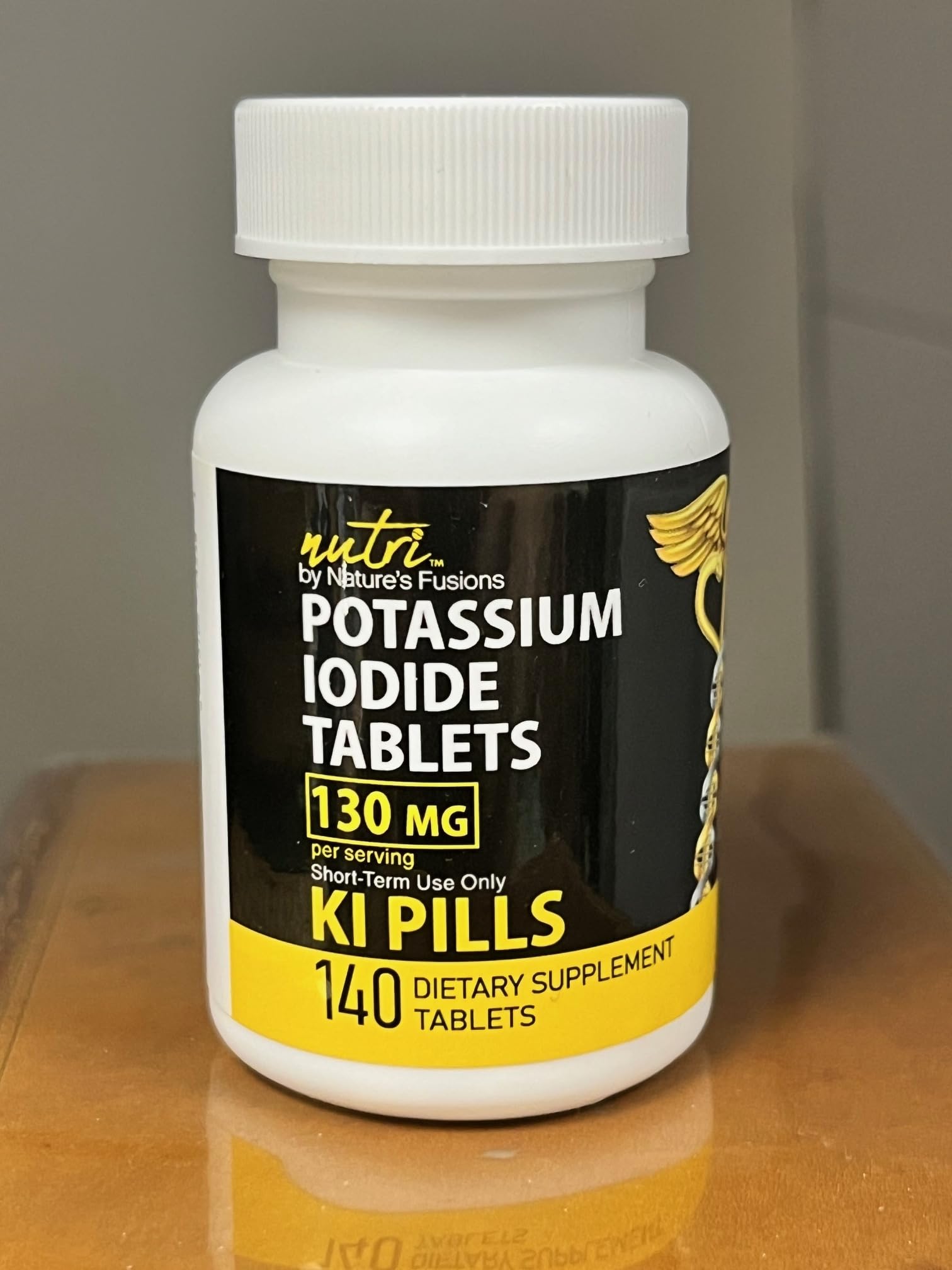 Potassium iodide tablets with long shelf life and labeling for reference.