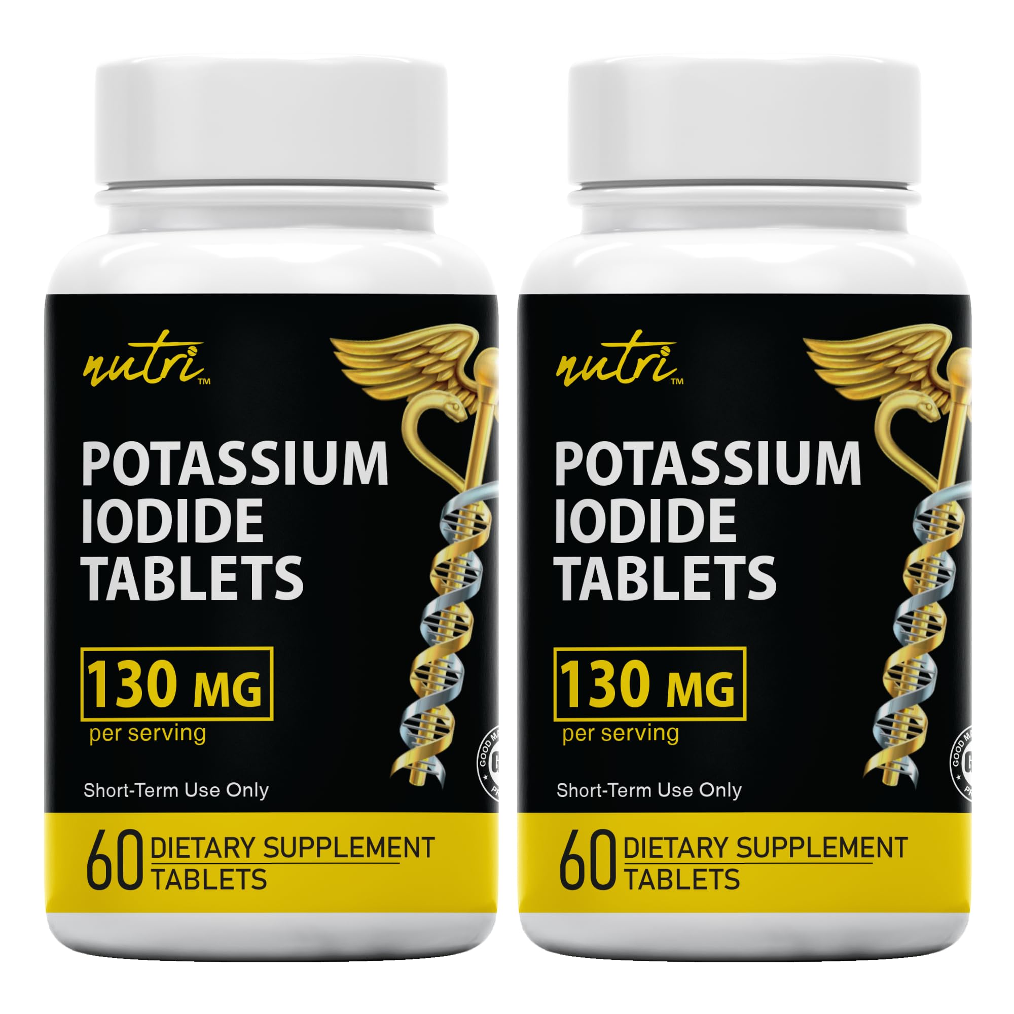 Nature's Fusions potassium iodide tablets bottle-front view, two-pack supply for households.
