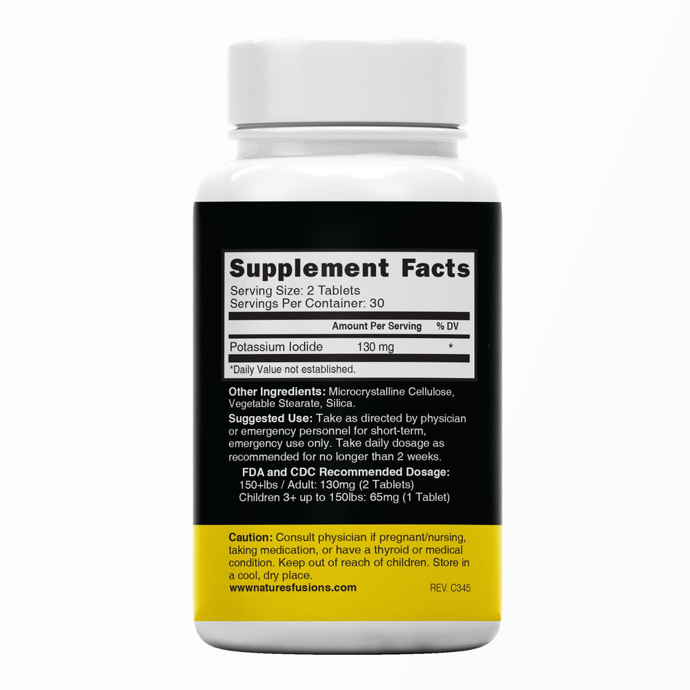 Nature's Fusions KI tablets close-up showing 130 mg dosage for adults