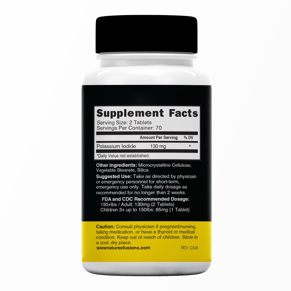 Nature's Fusions Potassium Iodide Tablets close-up highlights 130 mg dose
