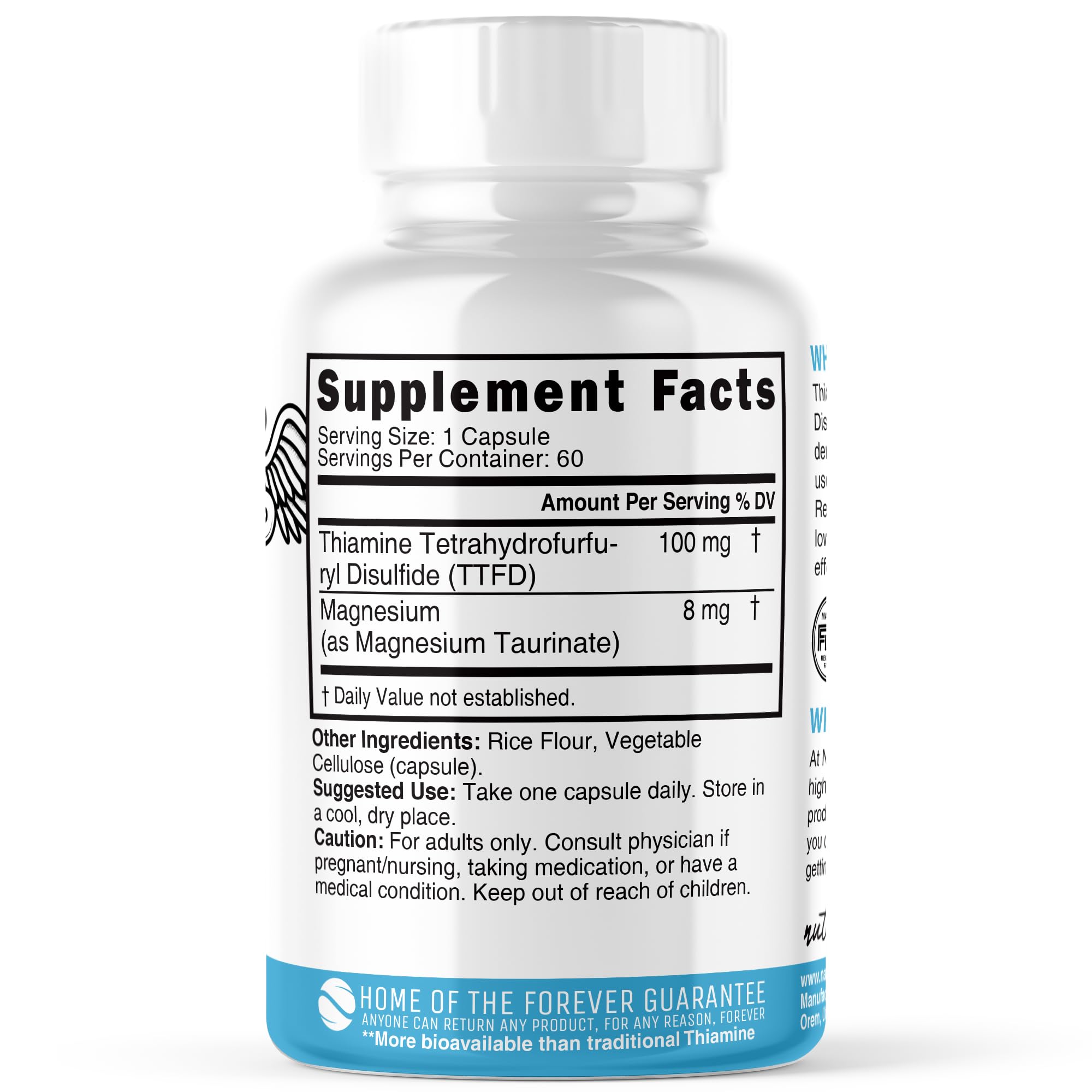 Nature's Fusions TTFD Thiamine B1 bottle label highlights ingredients and magnesium blend.