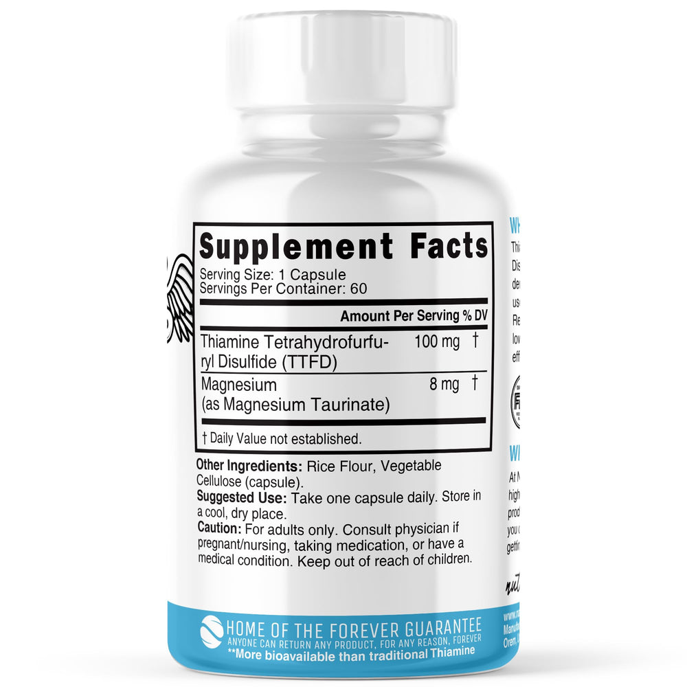 Nature's Fusions TTFD Thiamine B1 bottle label highlights ingredients and magnesium blend.