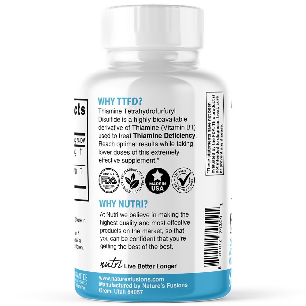 Nature's Fusions TTFD Thiamine B1 capsules closeup shows consistent capsules for easy daily use.