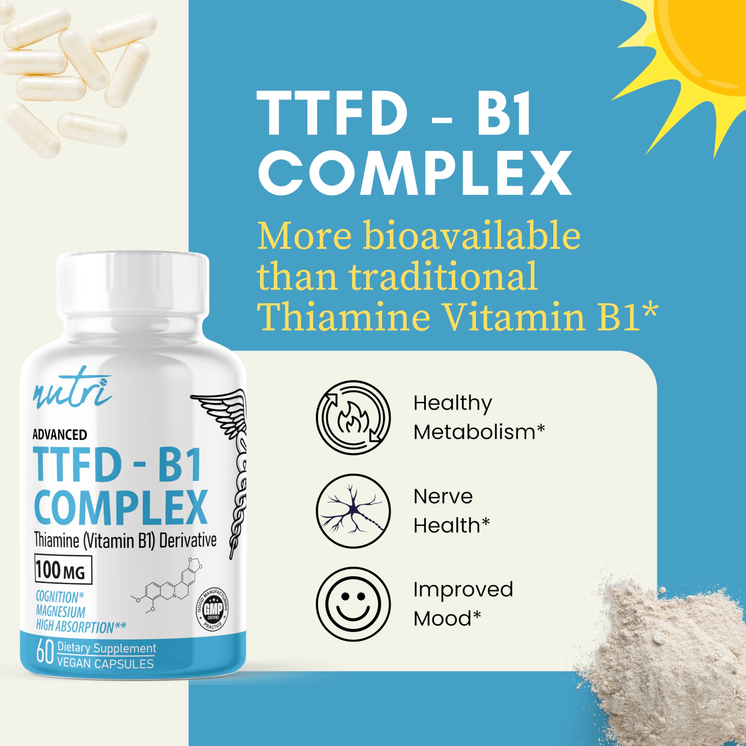 Nature's Fusions TTFD Thiamine B1 ingredients panel explains magnesium Taurinate blend.