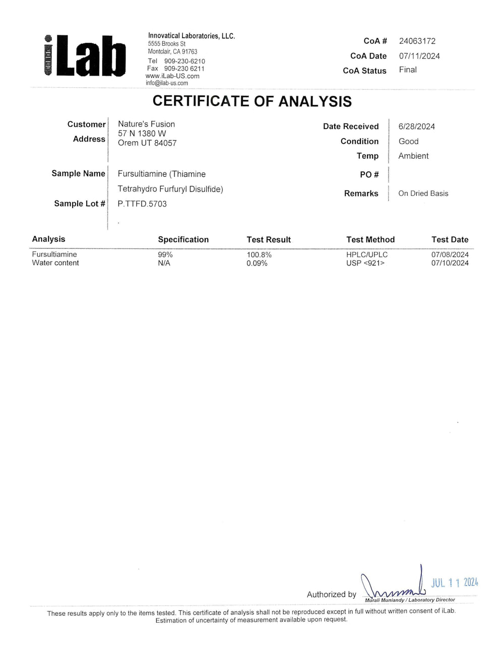 Nature's Fusions TTFD Thiamine B1 third-party test results demonstrate transparency.