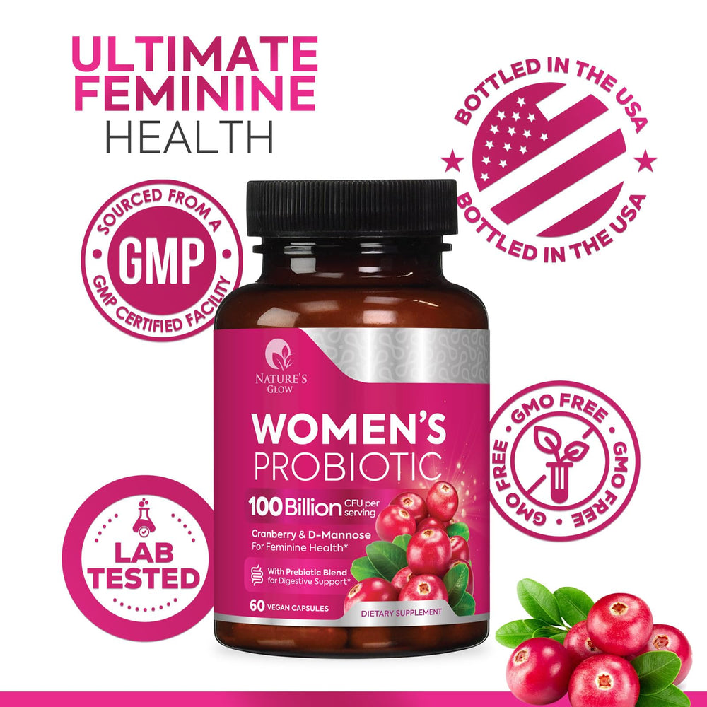 Nature's Glow Probiotics for Women 16 strains graphic emphasizes diverse probiotic blend.