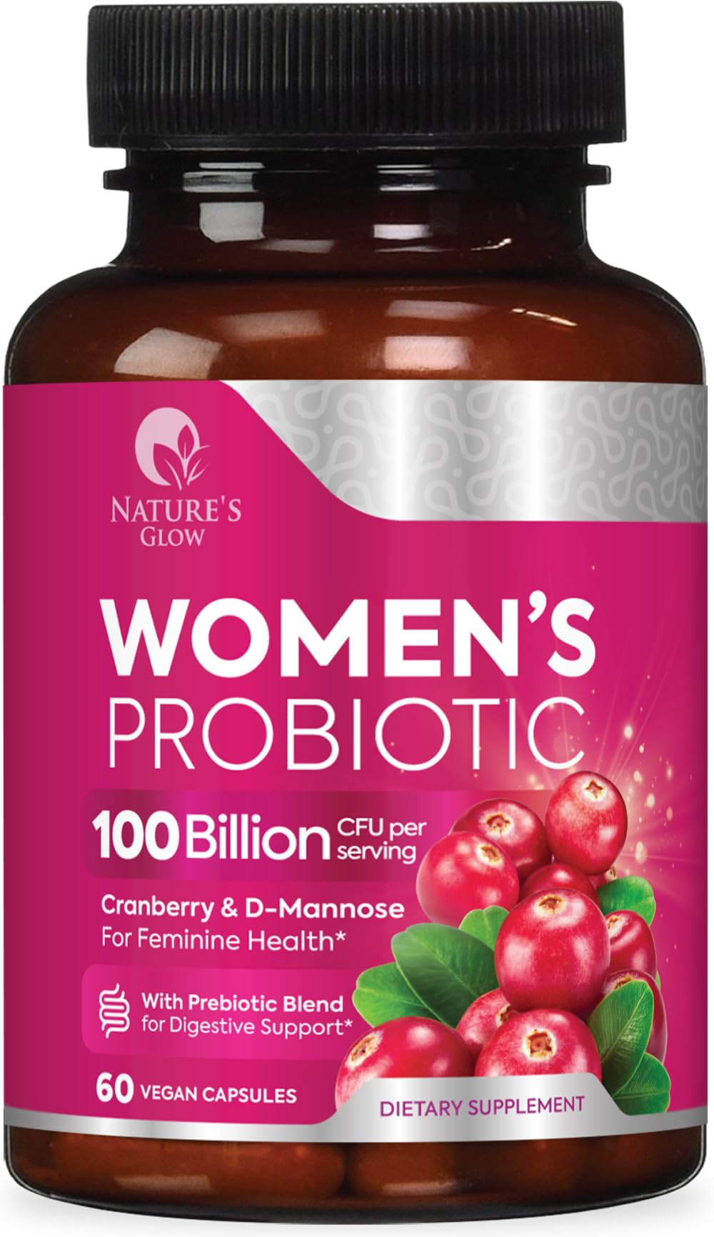 Nature's Glow Probiotics for Women bottle with 60 capsules for daily balance.