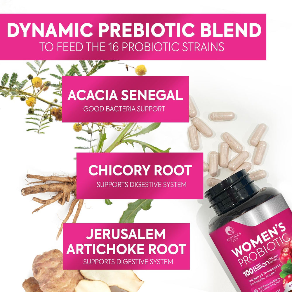 Nature's Glow Probiotics for Women third-party tested seal on bottle.