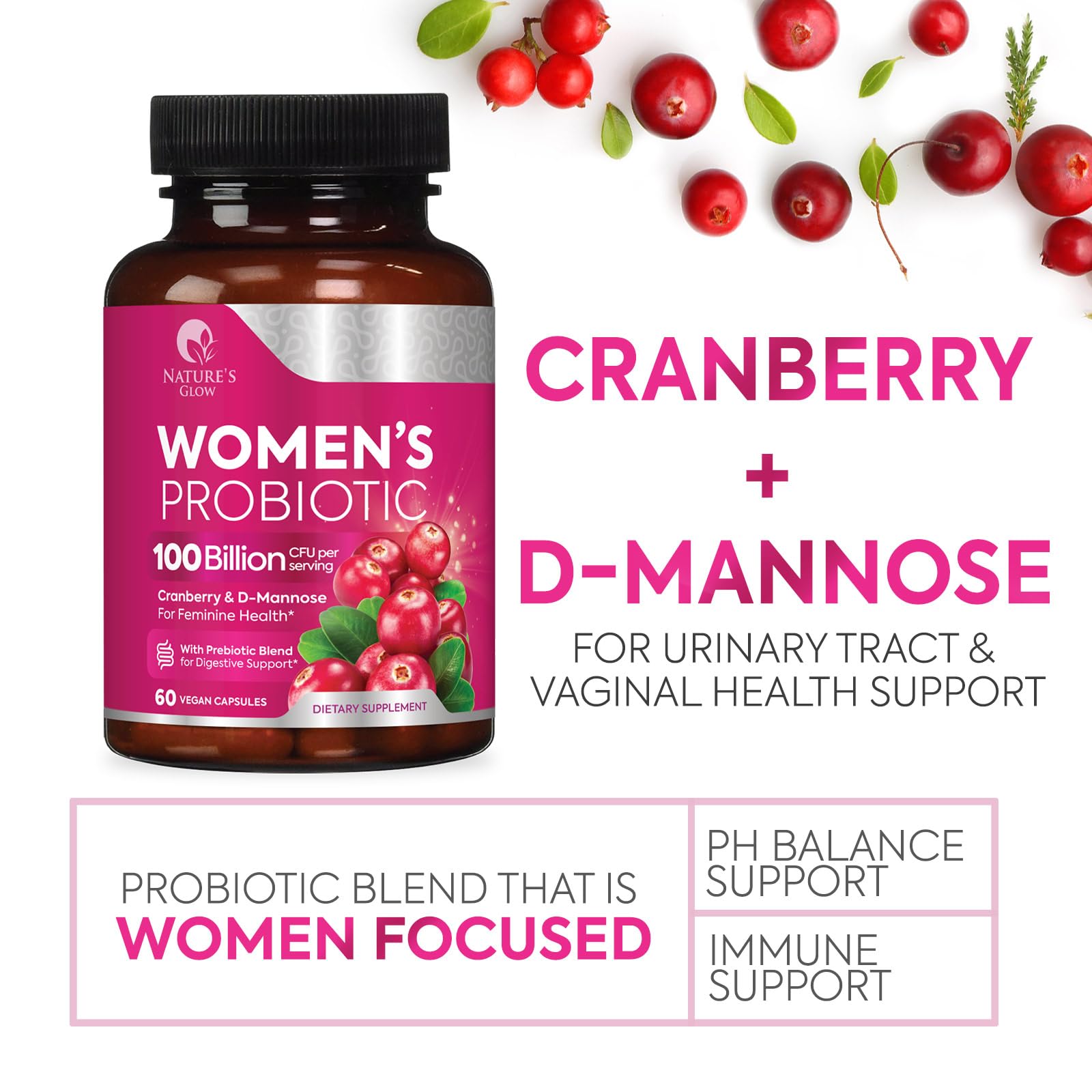 Nature's Glow Probiotics for Women USA-made label signals quality.