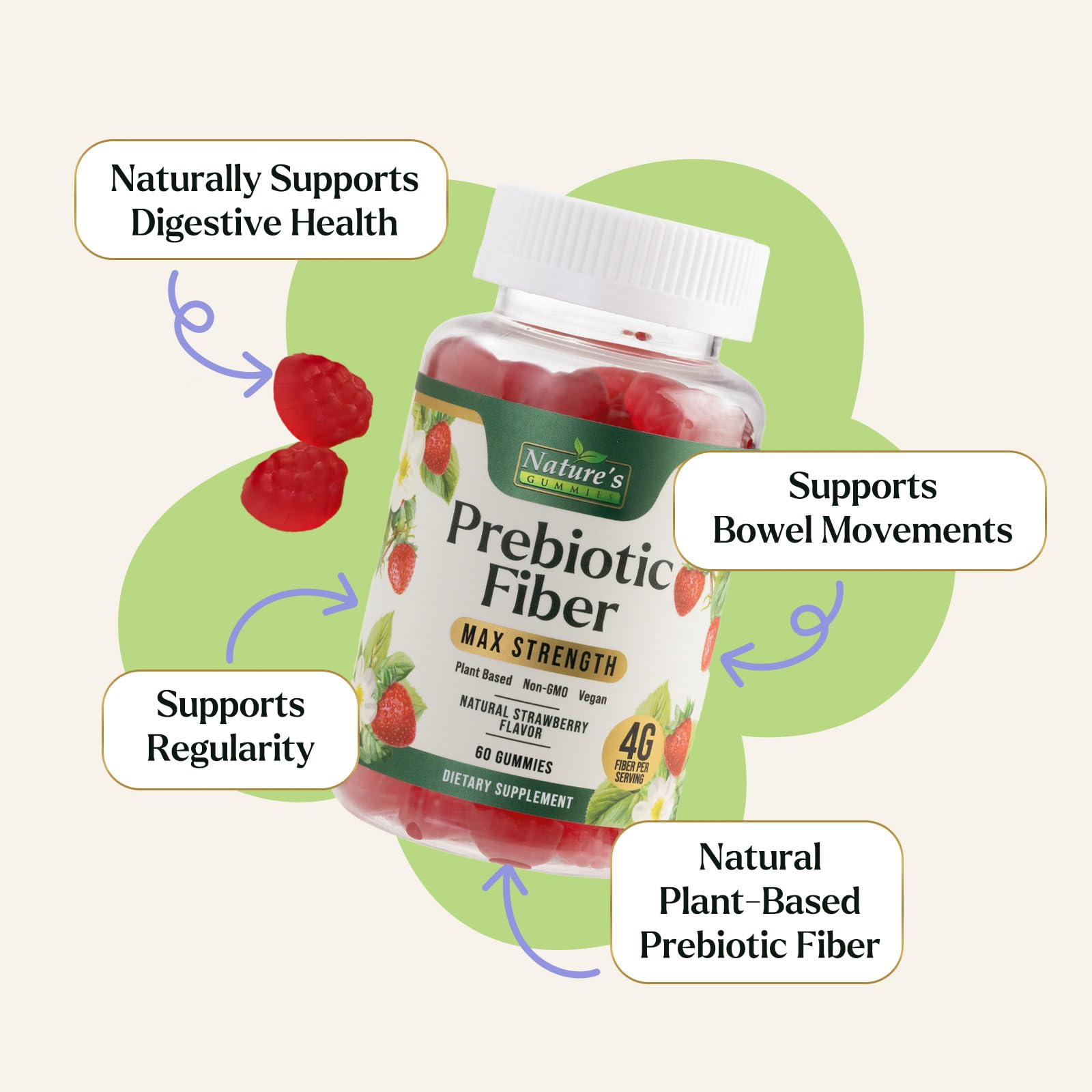 Nature's Gummies Fiber Gummies pour shot demonstrating smooth dispensing