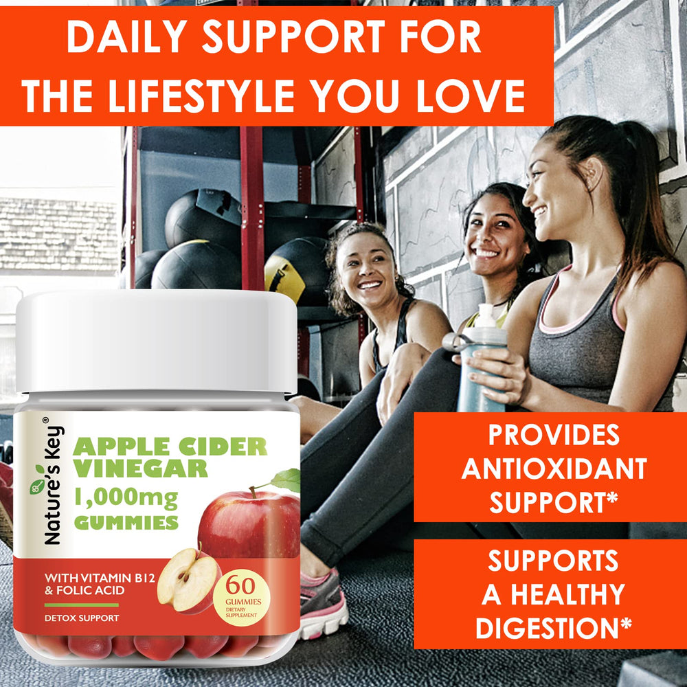 Nature's Key ACV gummies bottle close-up shows natural ingredients and tasty flavor