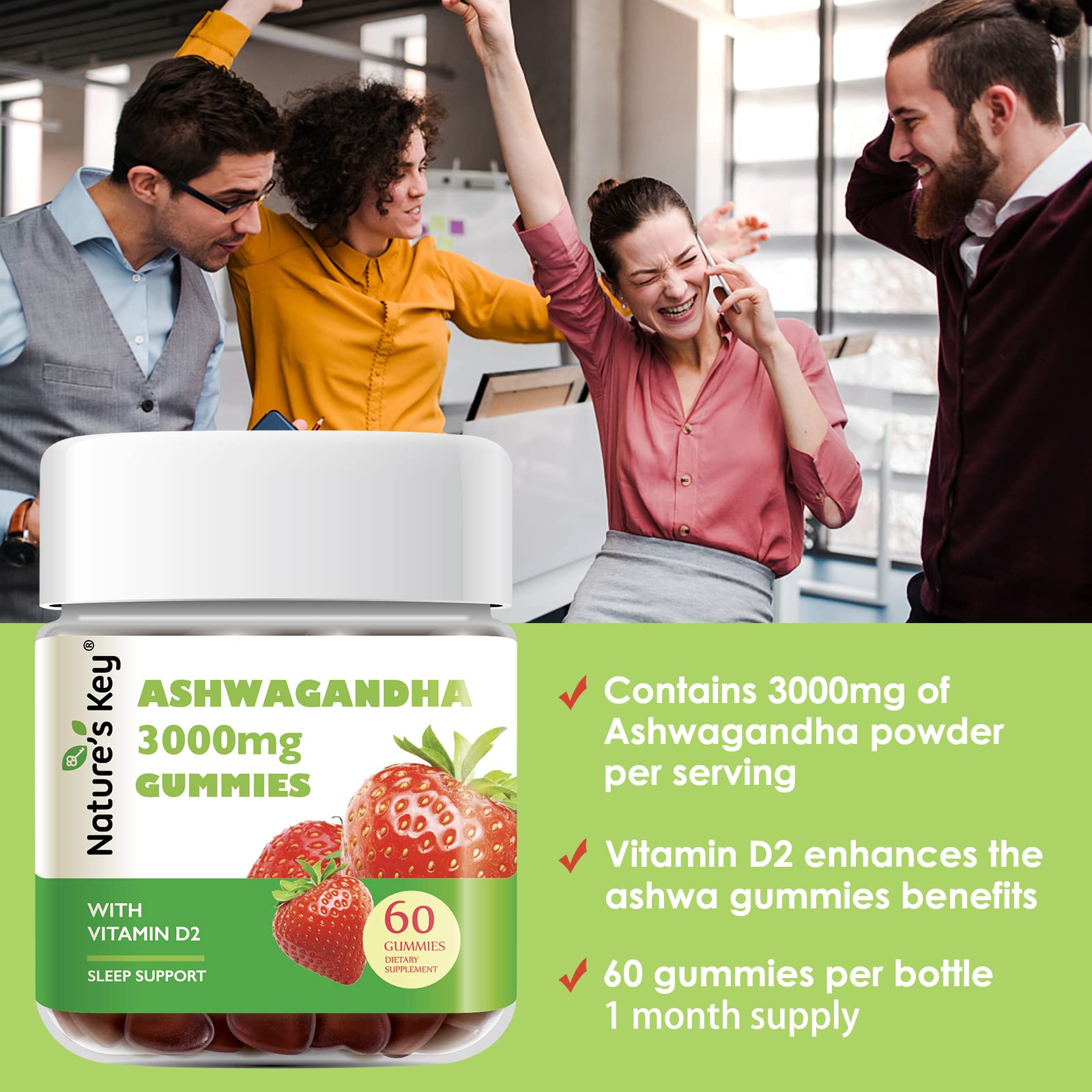 Nature's Key Ashwagandha Gummies labeling confirms gluten-free and soy-free formulation.