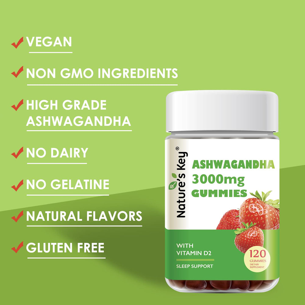 Nature's Key Ashwagandha Gummies ingredients scene emphasize natural, allergen-friendly formula.