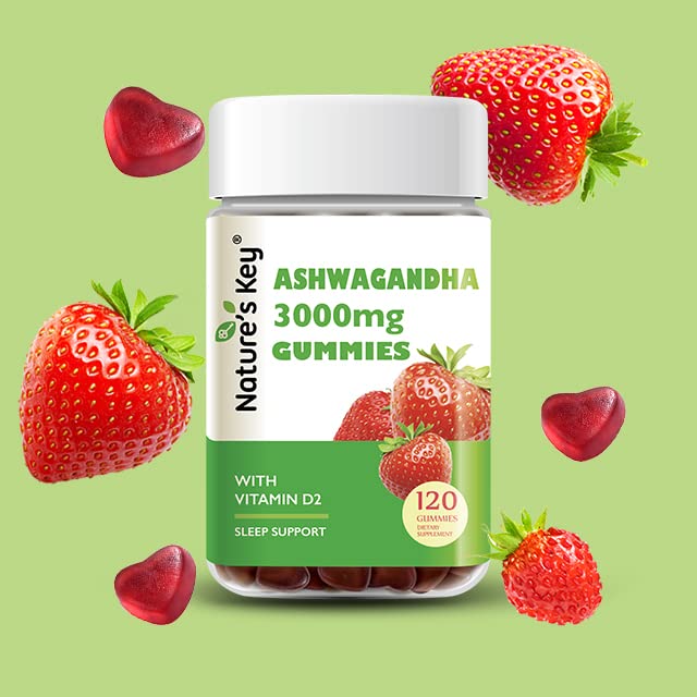 Nature's Key Ashwagandha Gummies strawberry flavor close-up for daily mood support.