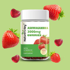 Nature's Key Ashwagandha Gummies strawberry flavor close-up for daily mood support.