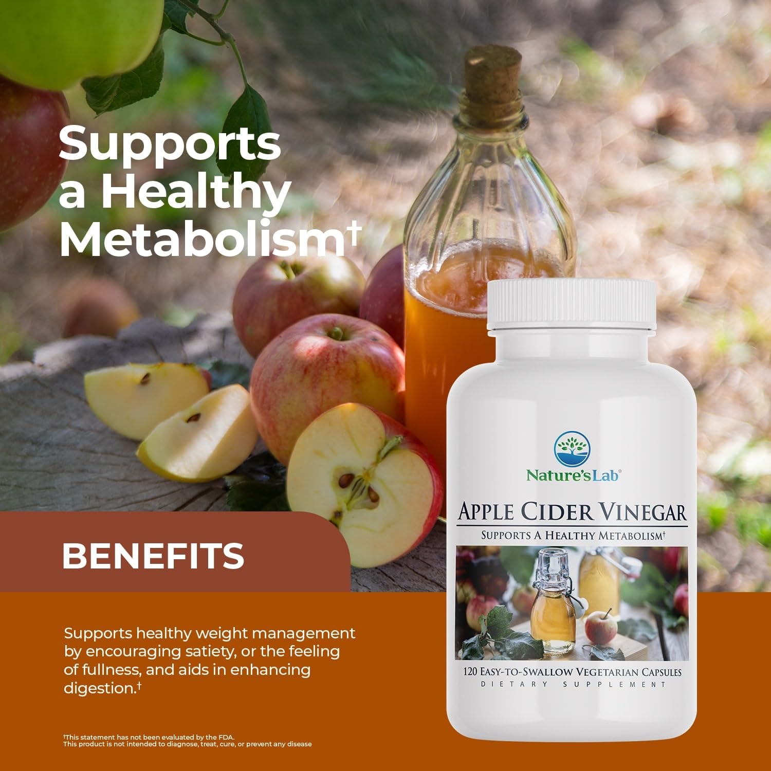 Nature's Lab Apple Cider Vinegar capsules next to glass of water for convenient use