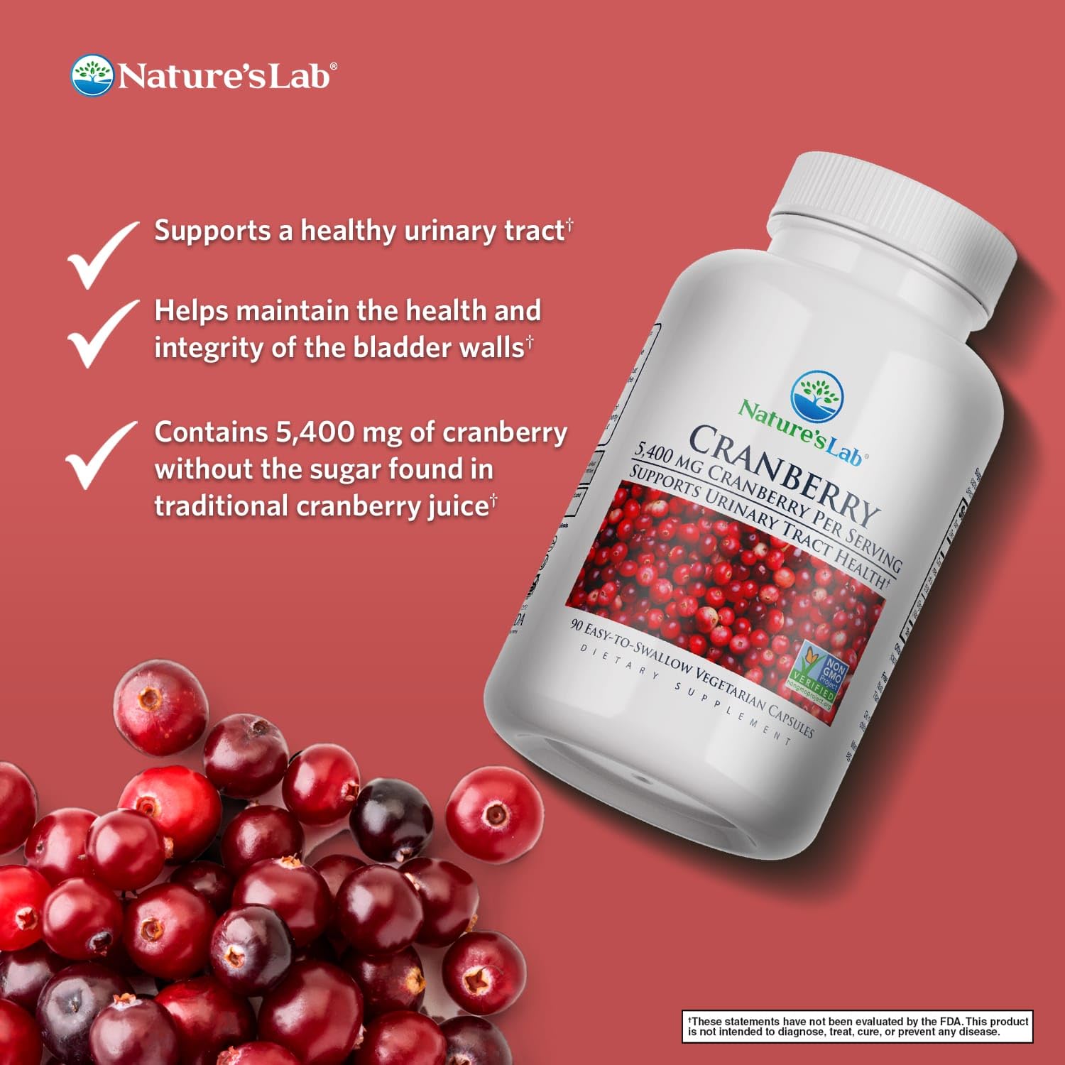 Nature's Lab Cranberry 5400mg bottle closeup highlights high cranberry content for daily use.
