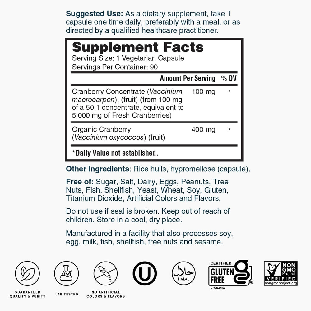 Nature's Lab Cranberry 5400mg ingredients overview highlights concentrate and powder blend.