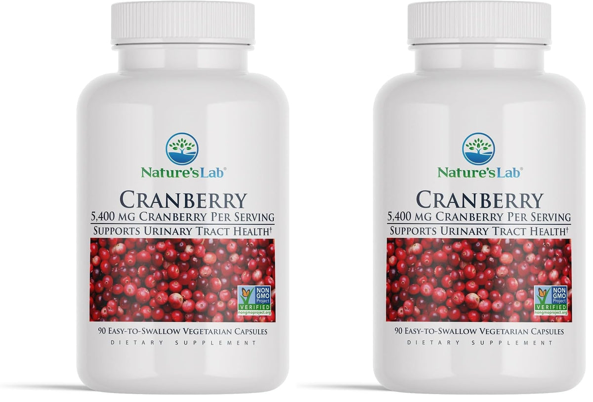 Nature's Lab Cranberry 5400mg pack shot shows vegan, gluten-free urinary health support benefits.