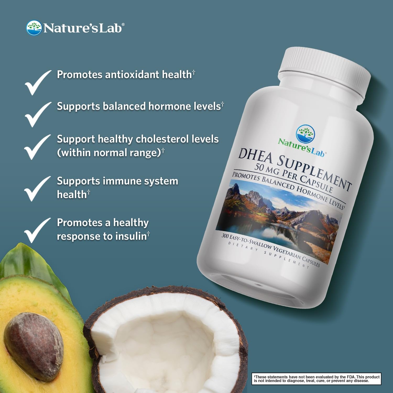 Nature's Lab DHEA 50mg capsules close-up highlighting micronized formula for absorption.