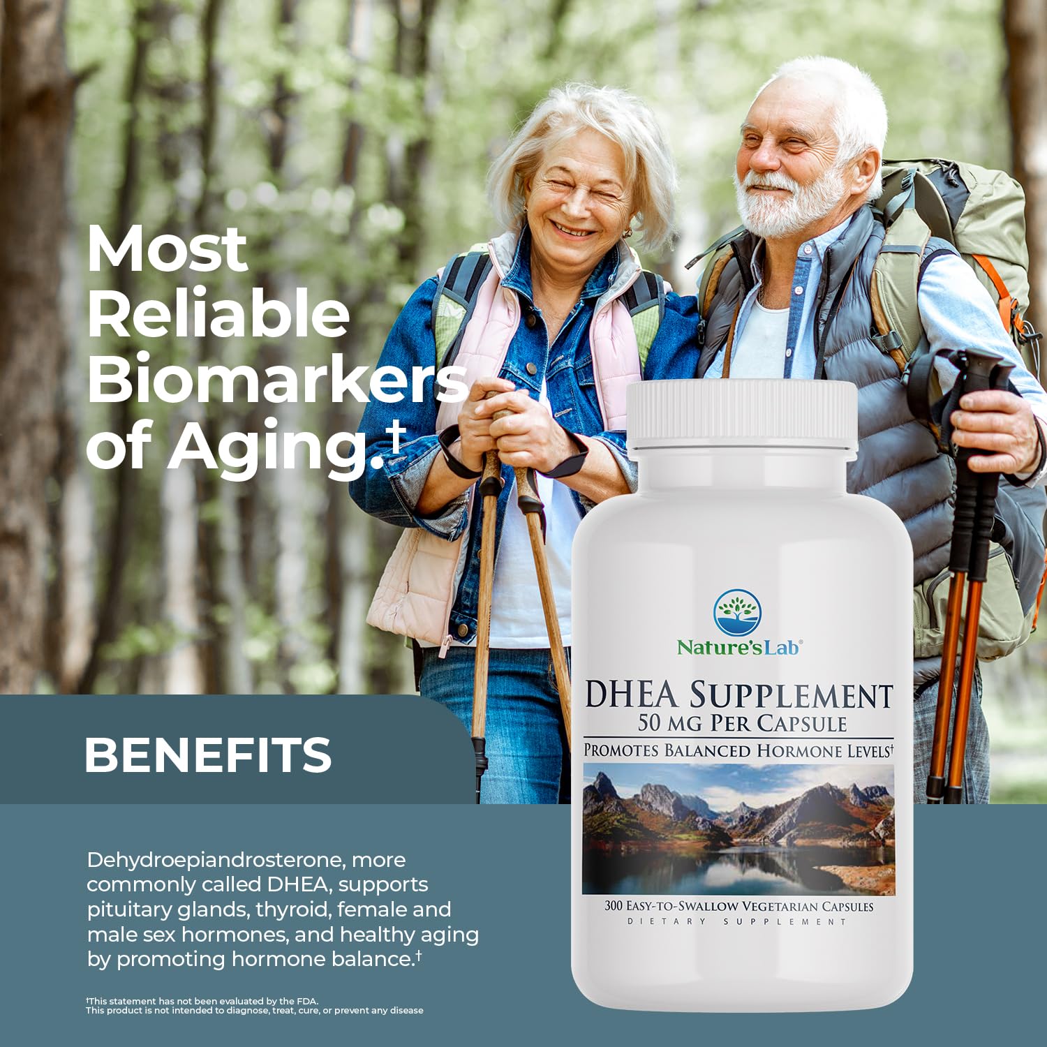 Nature's Lab DHEA 50mg label detail showing product information and quality focus.