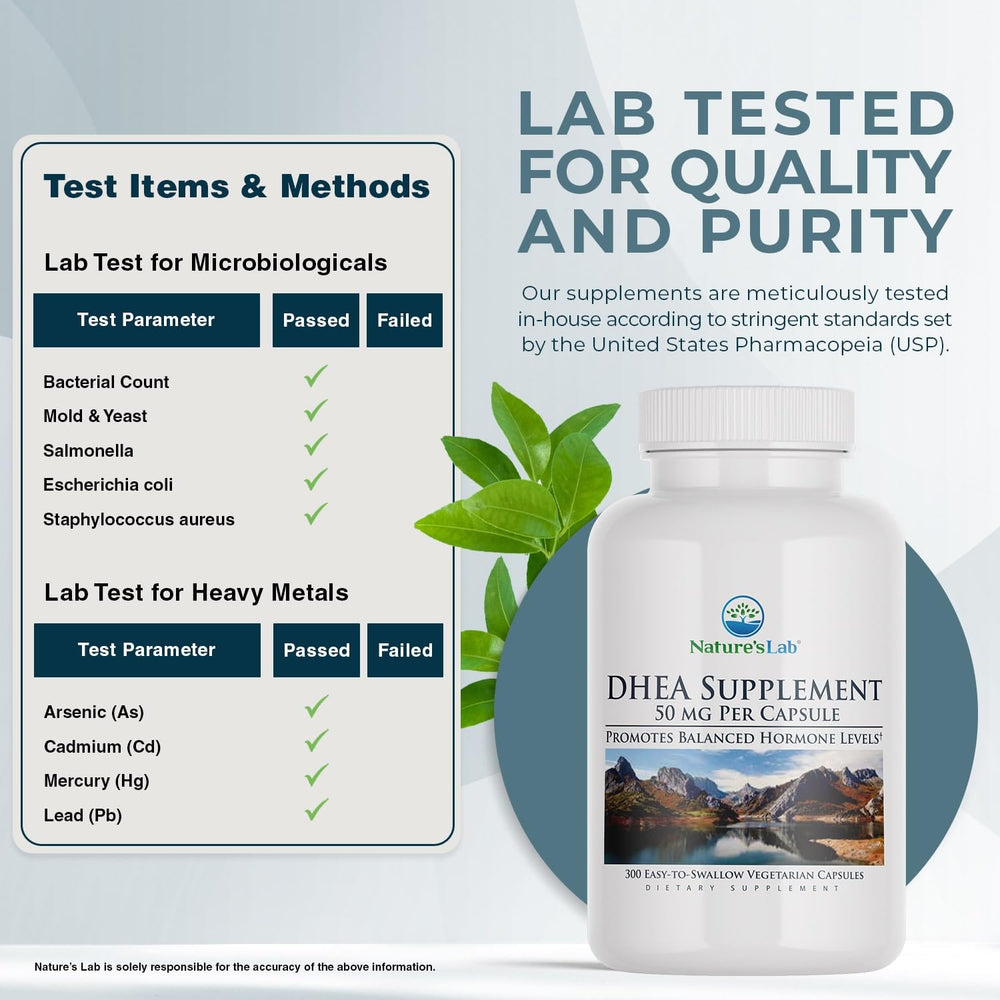 Nature's Lab DHEA 50mg packaging box indicating long-term supply.