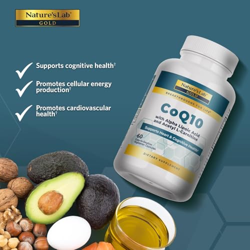 Nature's Lab Gold CoQ10 capsules close-up highlighting energy support.