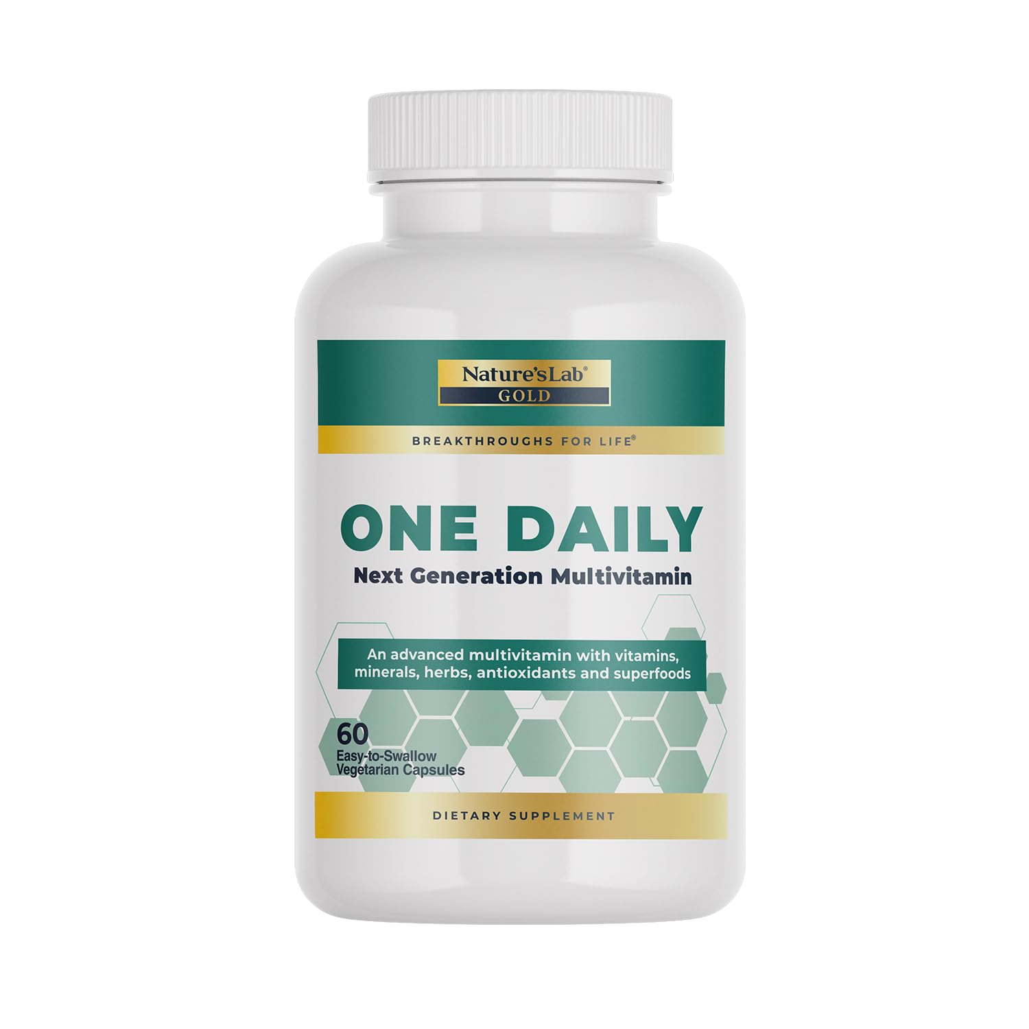 Nature's Lab Gold One Daily bottle close-up highlighting daily vitality.