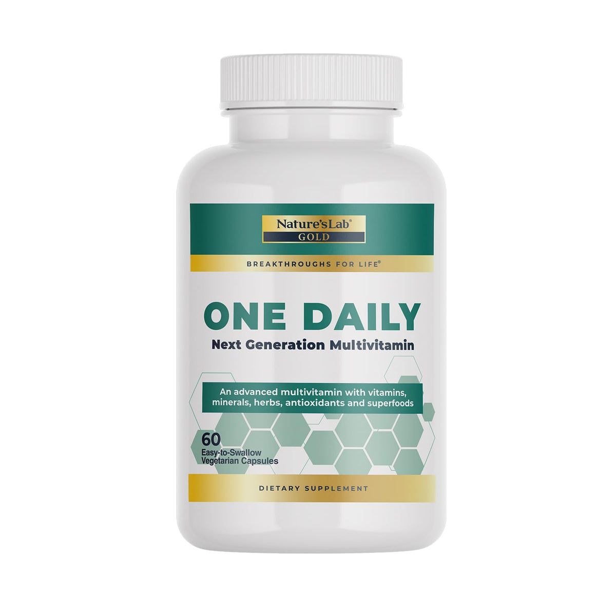 Nature's Lab Gold One Daily bottle close-up highlighting daily vitality.