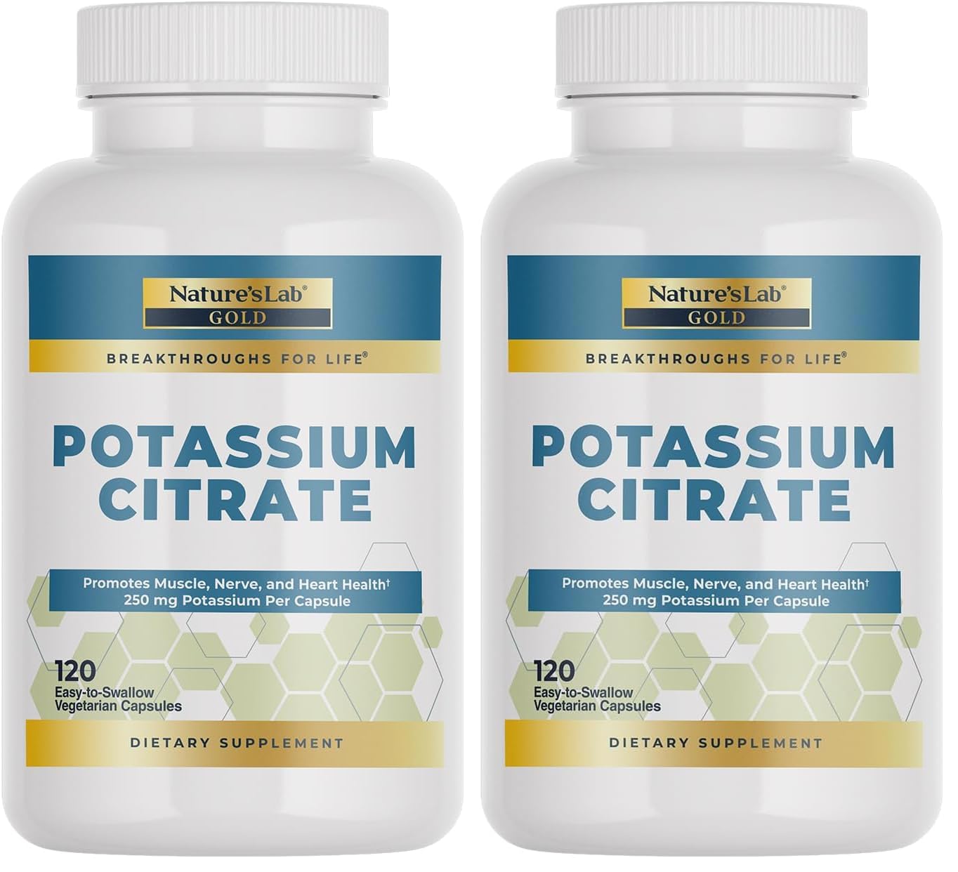 Nature's Lab Gold Potassium Citrate bottle front showing muscle and heart support.