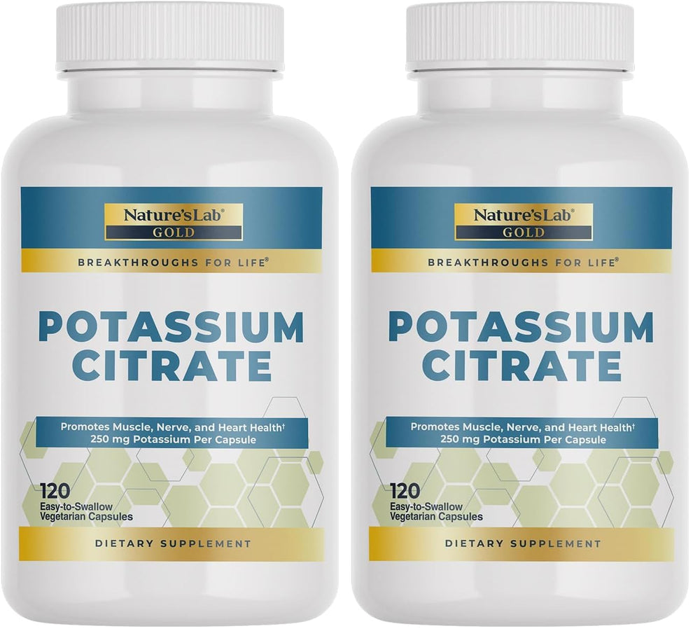 Nature's Lab Gold Potassium Citrate bottle front showing muscle and heart support.