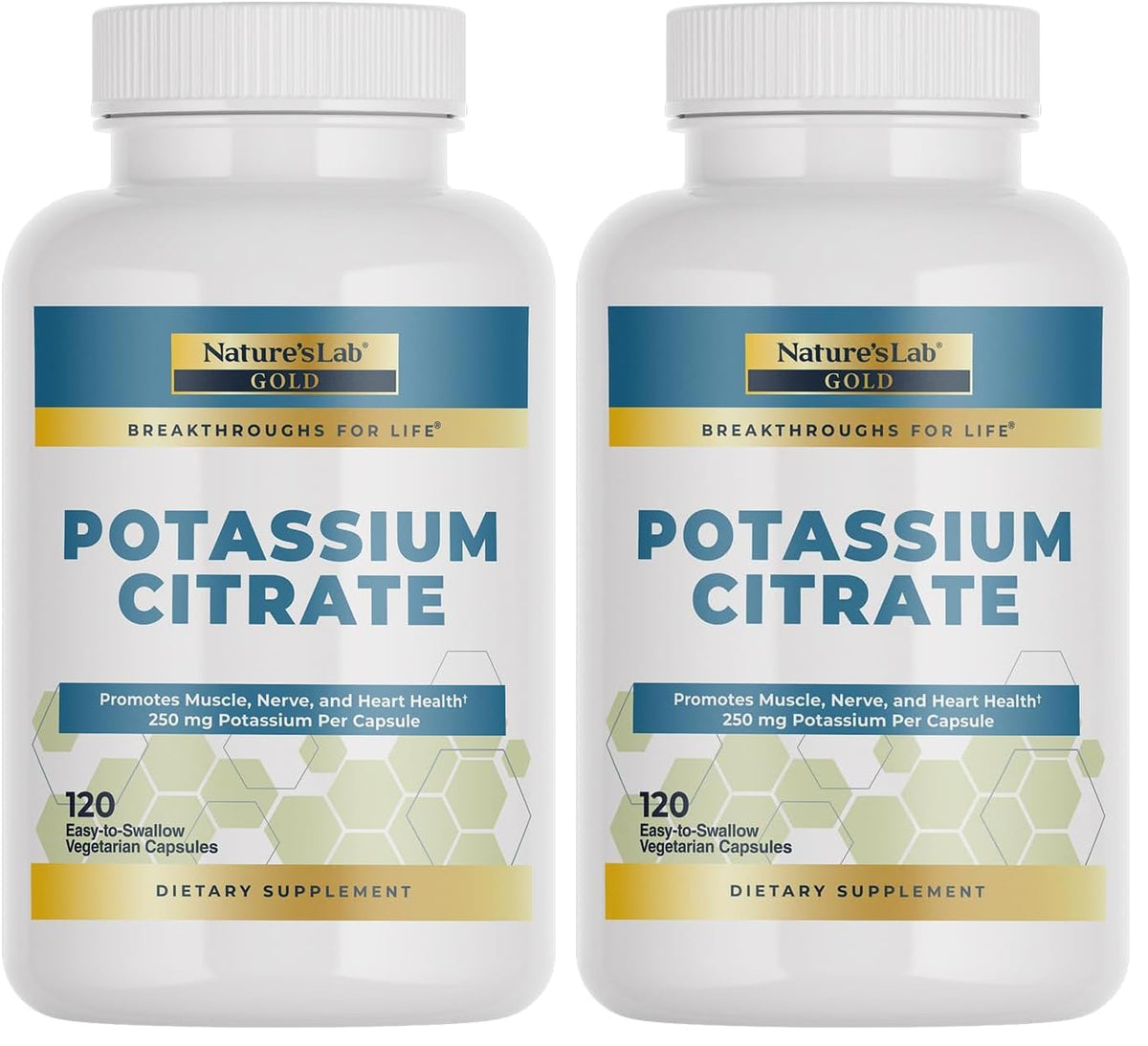 Nature's Lab Gold Potassium Citrate bottle front showing muscle and heart support.