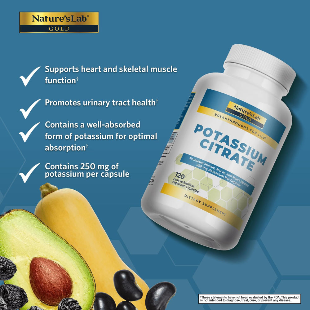 Close-up of Nature's Lab potassium citrate capsules for a four-month supply.