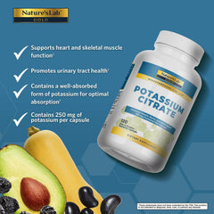 Close-up of Nature's Lab potassium citrate capsules for a four-month supply.
