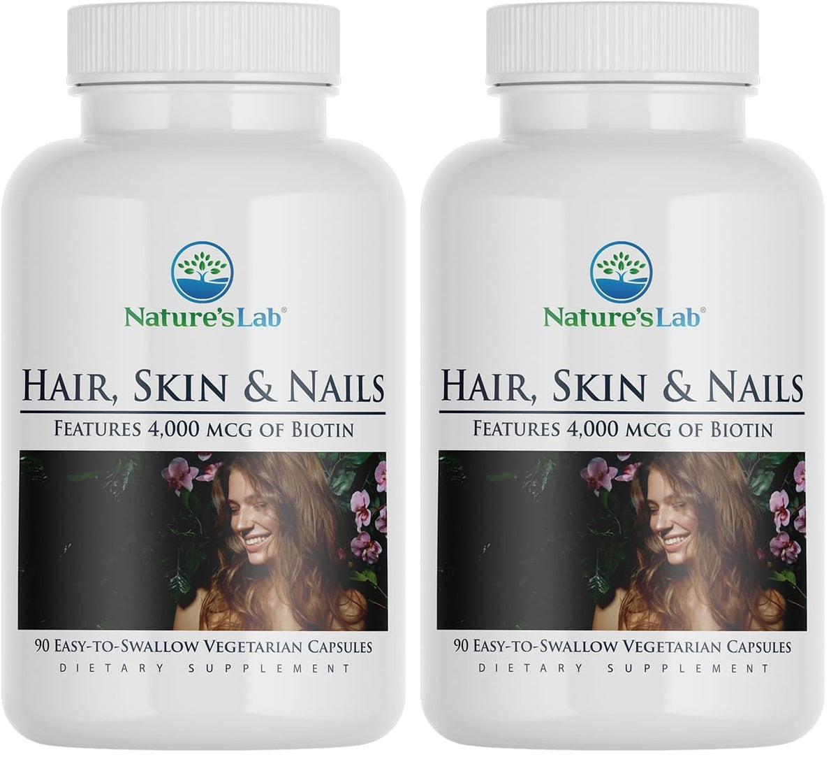 Nature's Lab bottle front highlighting the hair, skin and nails formula for daily support.