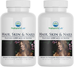 Nature's Lab bottle front highlighting the hair, skin and nails formula for daily support.
