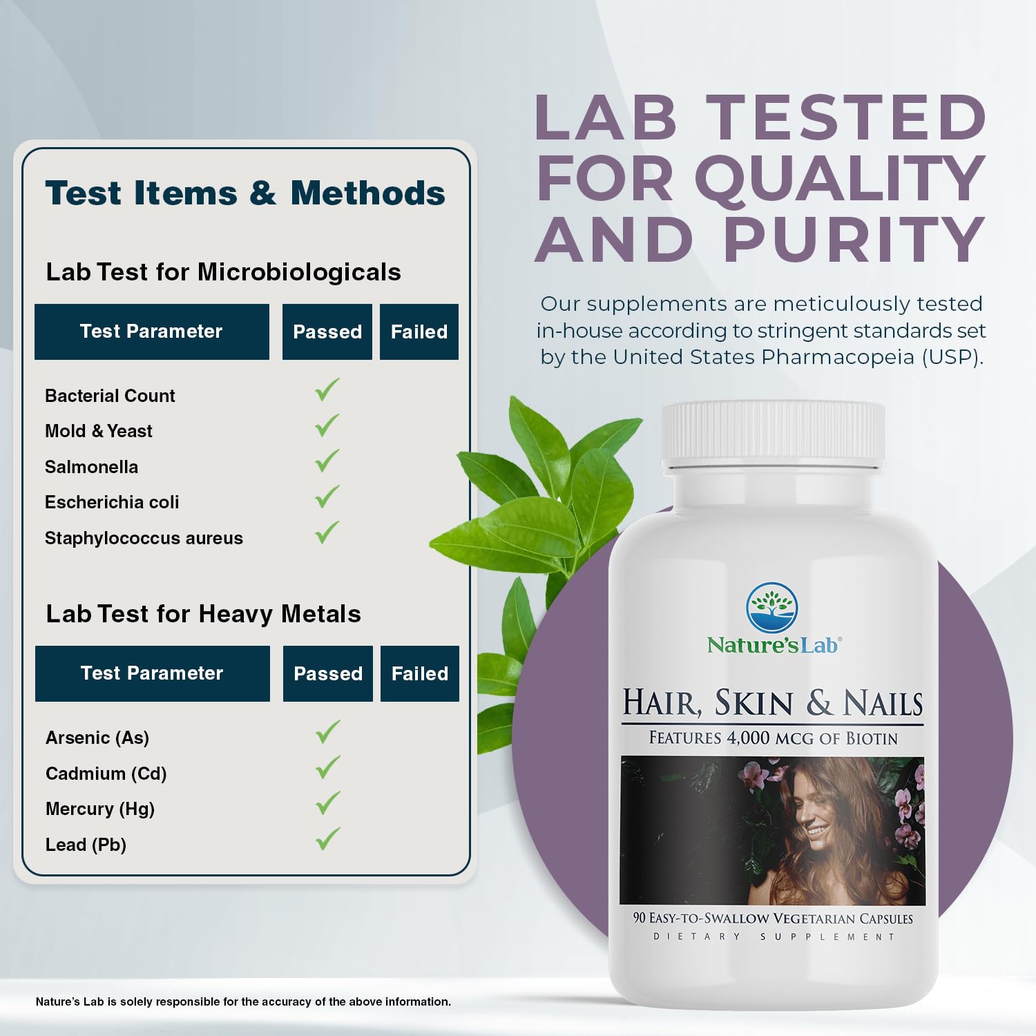 Nature's Lab capsules close-up with MSM, silica, and BCAAs for hair and nails.