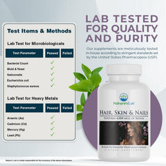 Nature's Lab capsules close-up with MSM, silica, and BCAAs for hair and nails.