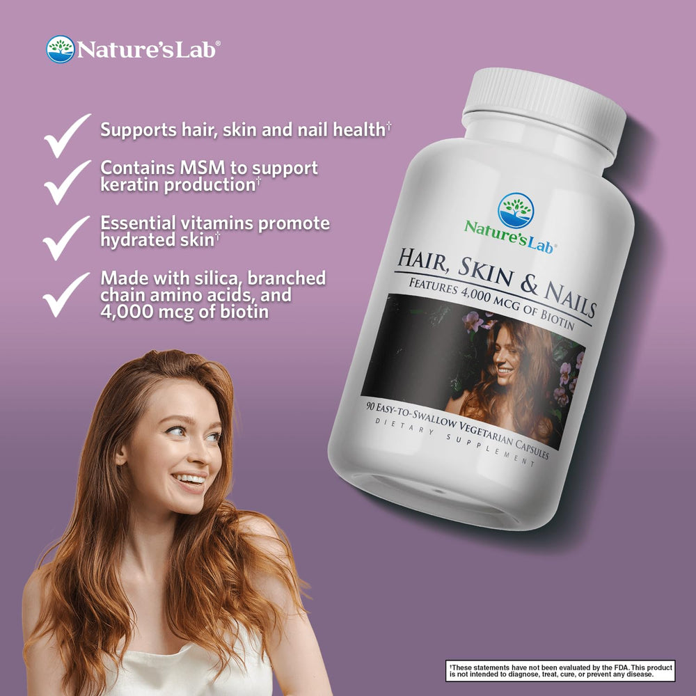 Nature's Lab label close-up shows vitamin complex ingredients for daily wellness.